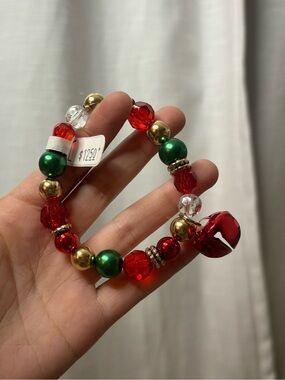 Festive Red & Green Beaded Holiday Bracelet with Gold Accents and Real Bell